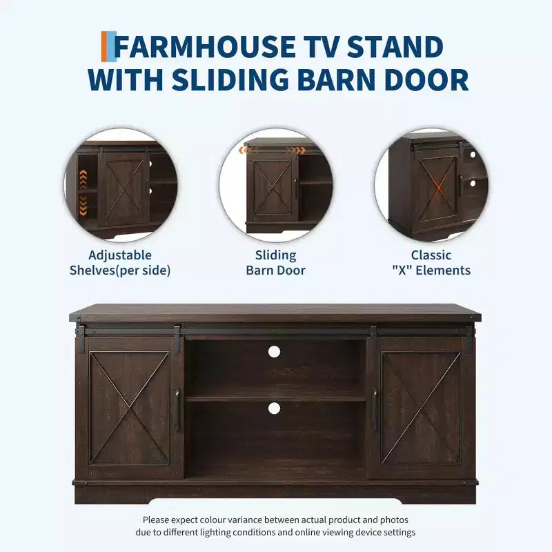 Farmhouse TV Stand for TV Up to 65 Inches, Rustic Entertainment Center with Sliding Barn Doors, Wood Storage Cabinets and Adjustable Shelf