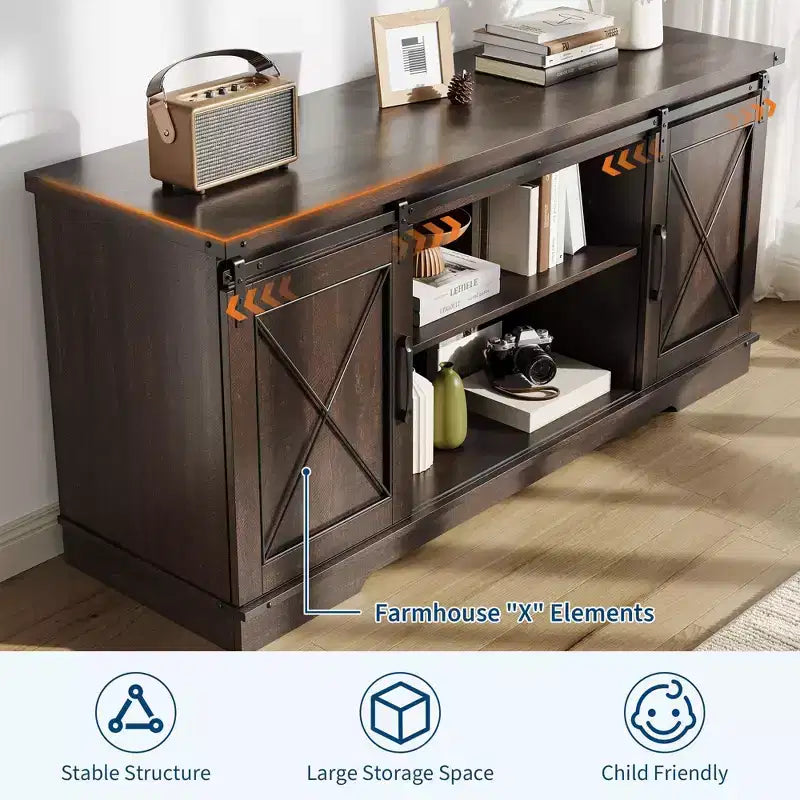 Farmhouse TV Stand for TV Up to 65 Inches, Rustic Entertainment Center with Sliding Barn Doors, Wood Storage Cabinets and Adjustable Shelf
