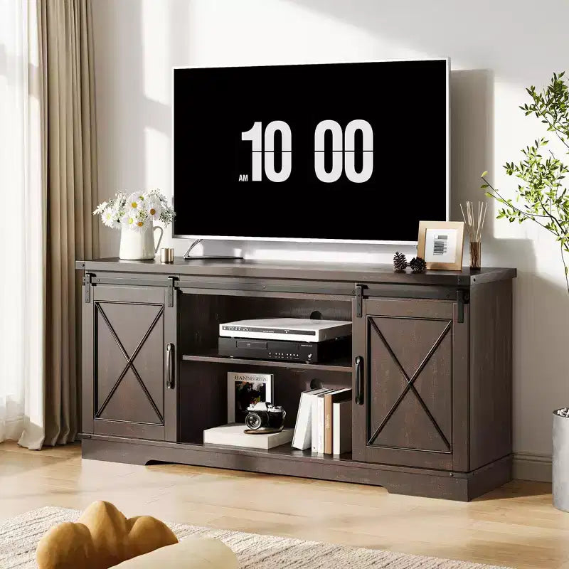 Farmhouse TV Stand for TV Up to 65 Inches, Rustic Entertainment Center with Sliding Barn Doors, Wood Storage Cabinets and Adjustable Shelf