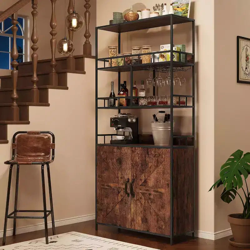 Tall Bar Cabinet 70.8 in Bakers Rack with Cabinet, Microwave Stand with Goblet Holder 5 Tier Large Baker Rack with Storage