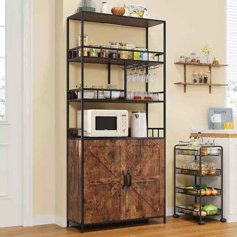 Tall Bar Cabinet 70.8 in Bakers Rack with Cabinet, Microwave Stand with Goblet Holder 5 Tier Large Baker Rack with Storage