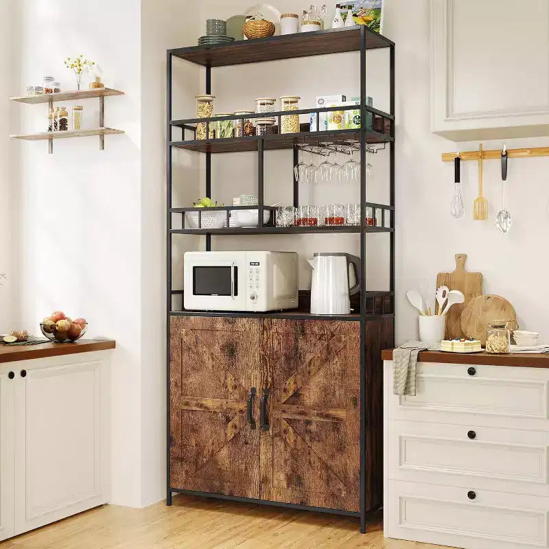 Tall Bar Cabinet 70.8 in Bakers Rack with Cabinet, Microwave Stand with Goblet Holder 5 Tier Large Baker Rack with Storage