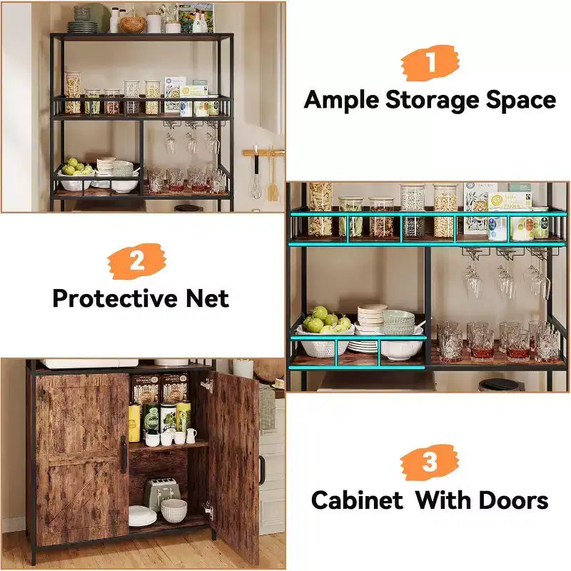 Tall Bar Cabinet 70.8 in Bakers Rack with Cabinet, Microwave Stand with Goblet Holder 5 Tier Large Baker Rack with Storage