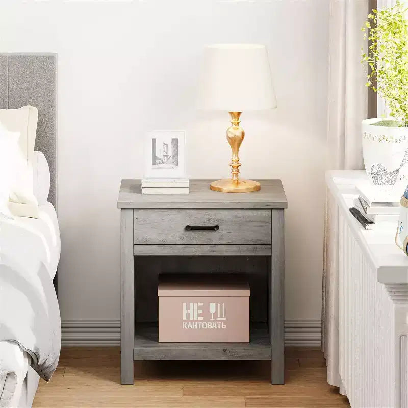 Farmhouse Nightstand Set of 2, Modern End Table with Storage Drawer, Wood Night Stand Side Table for Bedroom Living Room Nursery Office