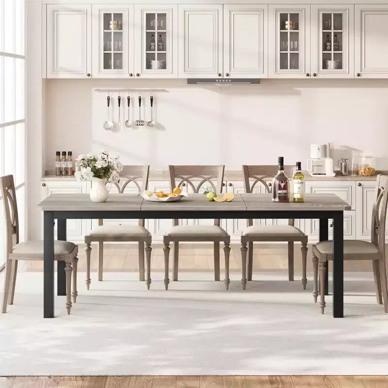 Industrial Dining Table for 6-8 People, 78.7 Inch Long Wooden Kitchen Table with Sturdy Metal Frame & Rustic Brown Finish-Seats 6 Rectangular Counter