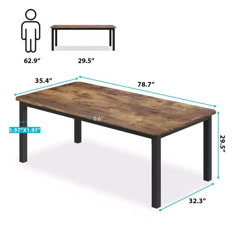 Industrial Dining Table for 6-8 People, 78.7 Inch Long Wooden Kitchen Table with Sturdy Metal Frame & Rustic Brown Finish-Seats 6 Rectangular Counter