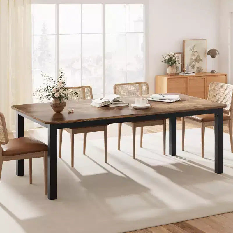 Industrial Dining Table for 6-8 People, 78.7 Inch Long Wooden Kitchen Table with Sturdy Metal Frame & Rustic Brown Finish-Seats 6 Rectangular Counter