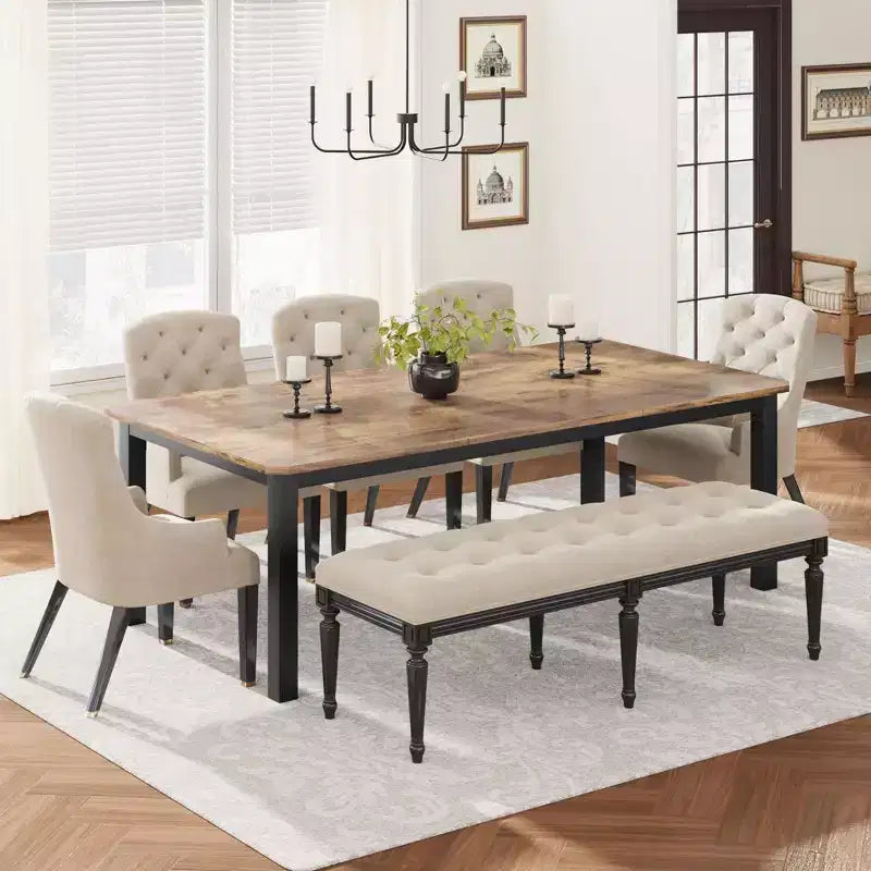 Industrial Dining Table for 6-8 People, 78.7 Inch Long Wooden Kitchen Table with Sturdy Metal Frame & Rustic Brown Finish-Seats 6 Rectangular Counter