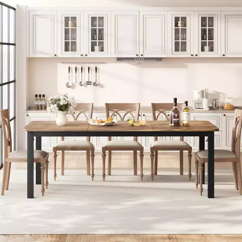 Industrial Dining Table for 6-8 People, 78.7 Inch Long Wooden Kitchen Table with Sturdy Metal Frame & Rustic Brown Finish-Seats 6 Rectangular Counter