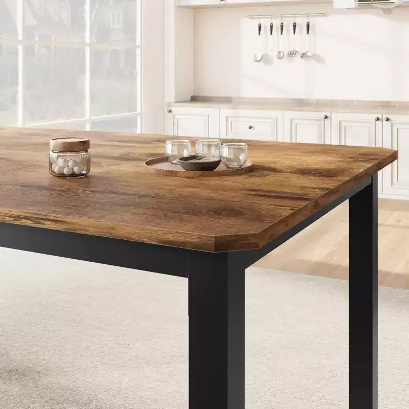 Industrial Dining Table for 6-8 People, 78.7 Inch Long Wooden Kitchen Table with Sturdy Metal Frame & Rustic Brown Finish-Seats 6 Rectangular Counter