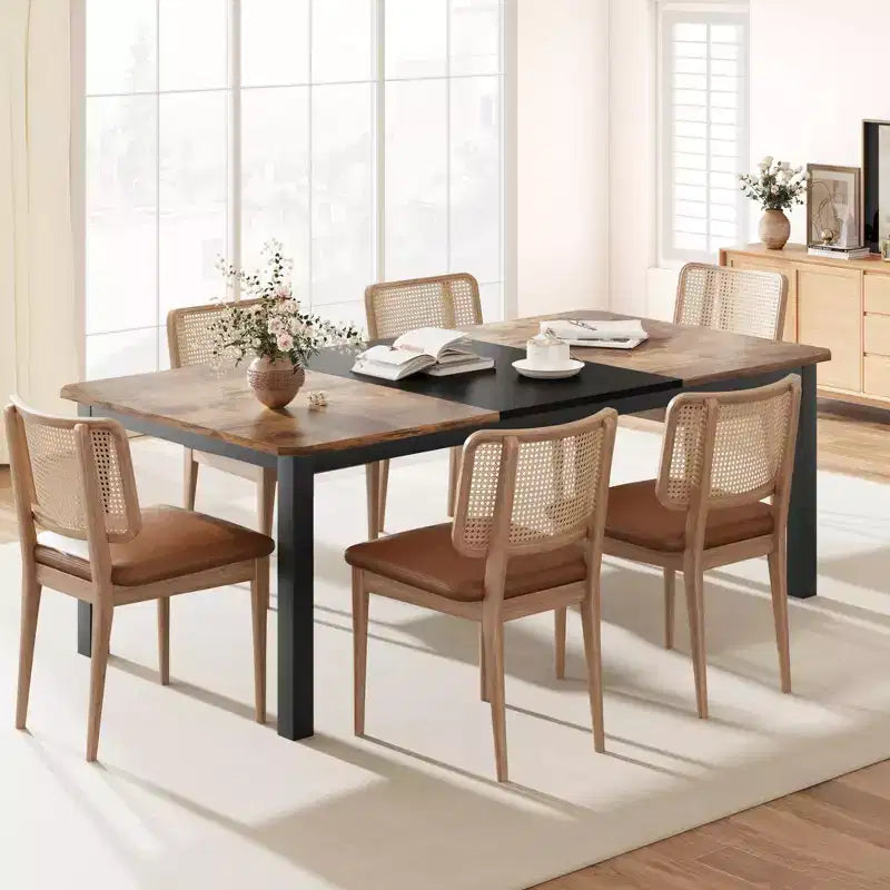 Industrial Dining Table for 6-8 People, 78.7 Inch Long Wooden Kitchen Table with Sturdy Metal Frame & Rustic Brown Finish-Seats 6 Rectangular Counter