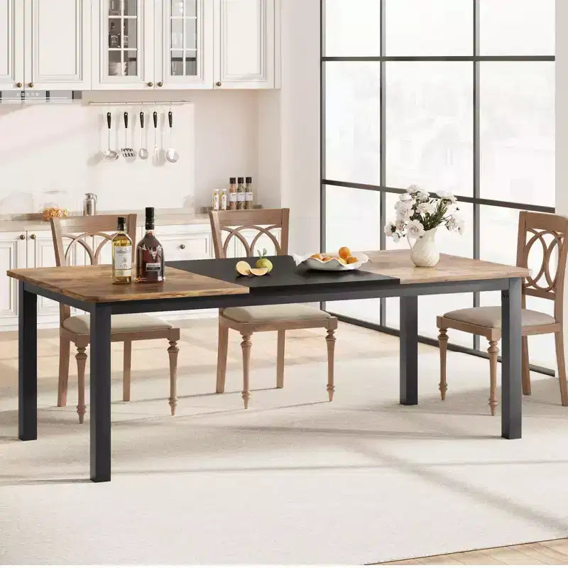 Industrial Dining Table for 6-8 People, 78.7 Inch Long Wooden Kitchen Table with Sturdy Metal Frame & Rustic Brown Finish-Seats 6 Rectangular Counter