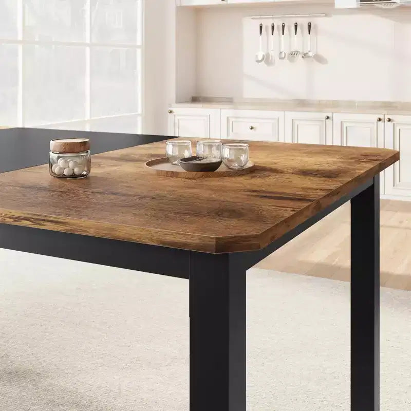 Industrial Dining Table for 6-8 People, 78.7 Inch Long Wooden Kitchen Table with Sturdy Metal Frame & Rustic Brown Finish-Seats 6 Rectangular Counter
