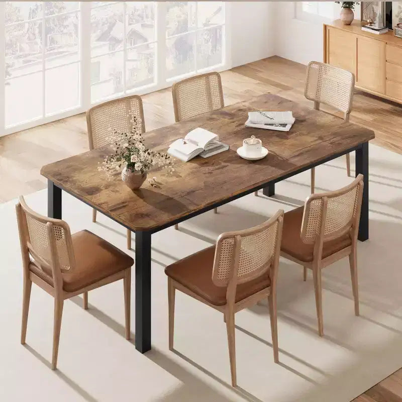 Industrial Dining Table for 6-8 People, 78.7 Inch Long Wooden Kitchen Table with Sturdy Metal Frame & Rustic Brown Finish-Seats 6 Rectangular Counter