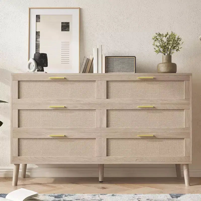 Garvee Natural Rattan Dresser with Golden Handles  Farmhouse Wood Storage Chest with 5 Strong Legs for Living Room, Bedroom & Entryway, Oak