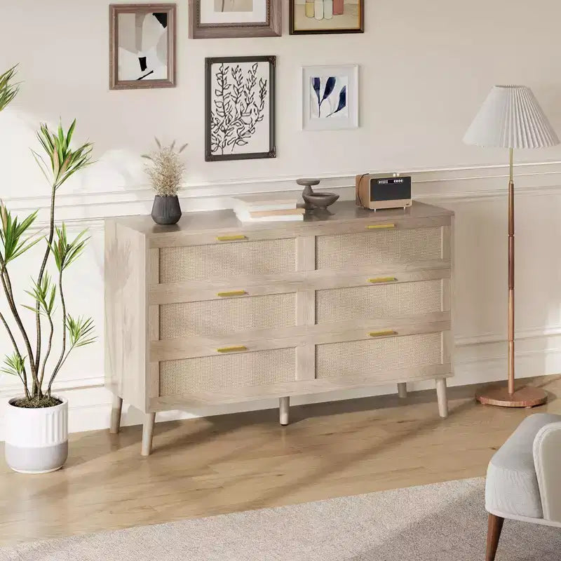 Garvee Natural Rattan Dresser with Golden Handles  Farmhouse Wood Storage Chest with 5 Strong Legs for Living Room, Bedroom & Entryway, Oak