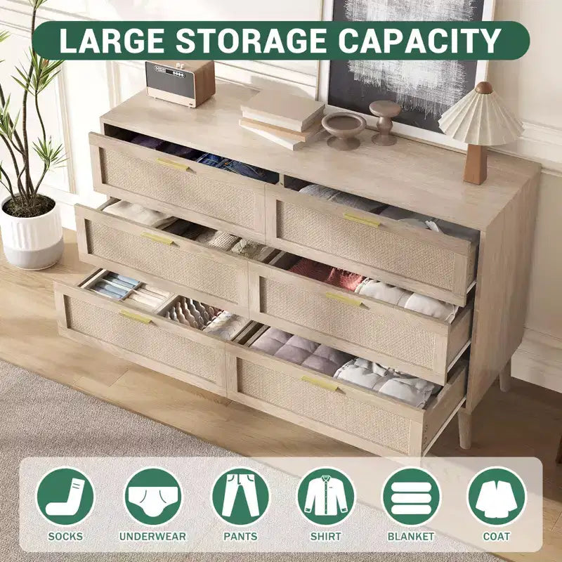 Garvee Natural Rattan Dresser with Golden Handles  Farmhouse Wood Storage Chest with 5 Strong Legs for Living Room, Bedroom & Entryway, Oak