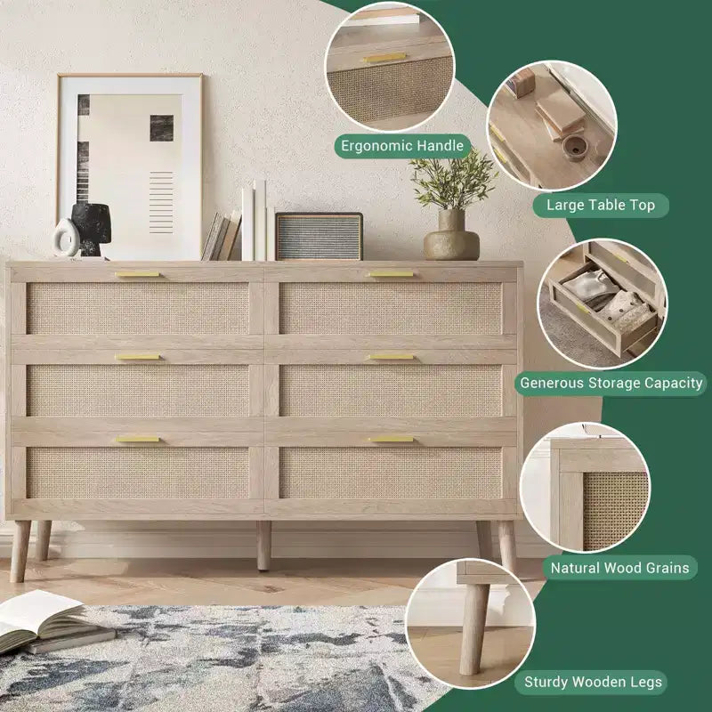 Garvee Natural Rattan Dresser with Golden Handles  Farmhouse Wood Storage Chest with 5 Strong Legs for Living Room, Bedroom & Entryway, Oak