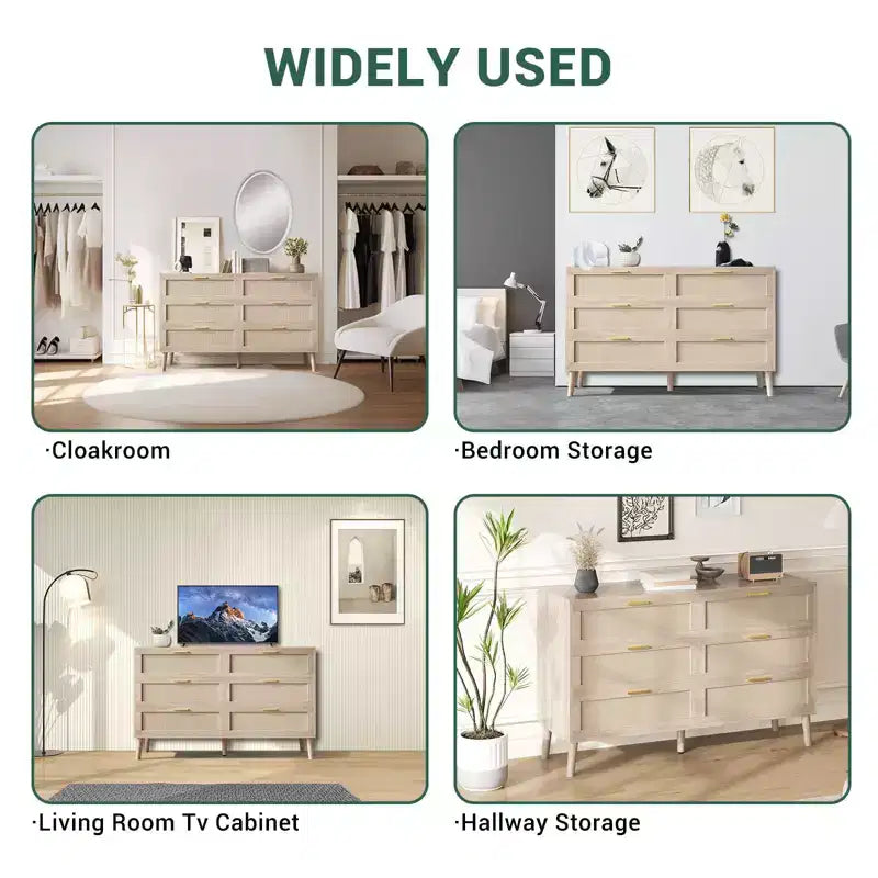 Garvee Natural Rattan Dresser with Golden Handles  Farmhouse Wood Storage Chest with 5 Strong Legs for Living Room, Bedroom & Entryway, Oak