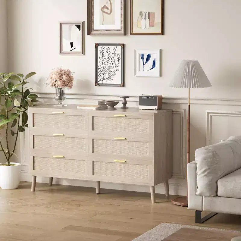 Garvee Natural Rattan Dresser with Golden Handles  Farmhouse Wood Storage Chest with 5 Strong Legs for Living Room, Bedroom & Entryway, Oak