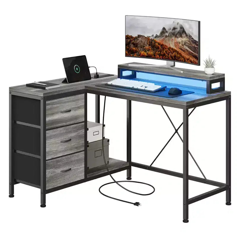CuisinSmart 43In L Shaped Computer Desk, 3-Drawer Gaming Desk with Storage Shelves and Monitor Stand, Reversible Home Office Desk