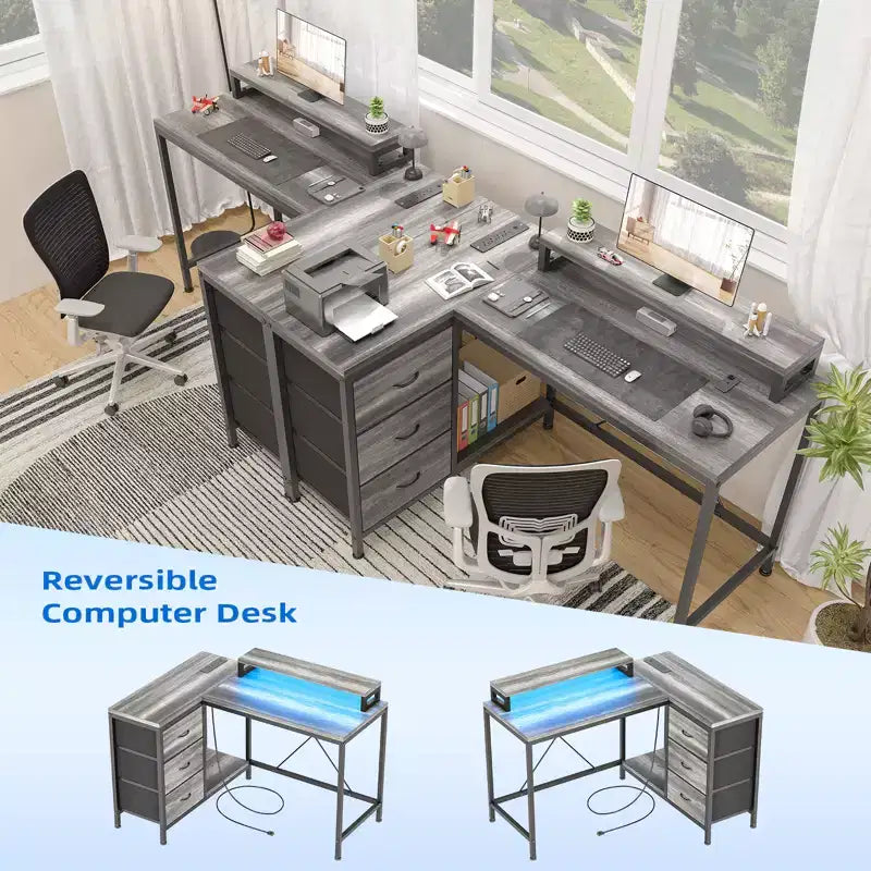 CuisinSmart 43In L Shaped Computer Desk, 3-Drawer Gaming Desk with Storage Shelves and Monitor Stand, Reversible Home Office Desk