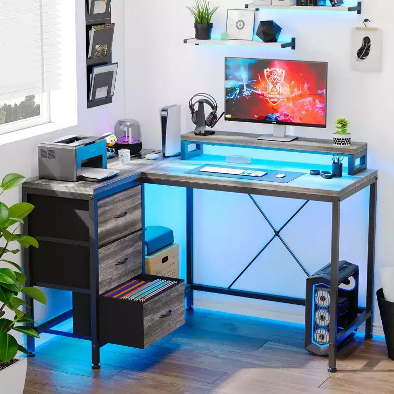 CuisinSmart 43In L Shaped Computer Desk, 3-Drawer Gaming Desk with Storage Shelves and Monitor Stand, Reversible Home Office Desk
