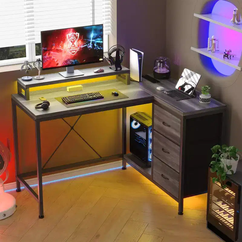 CuisinSmart 43In L Shaped Computer Desk, 3-Drawer Gaming Desk with Storage Shelves and Monitor Stand, Reversible Home Office Desk