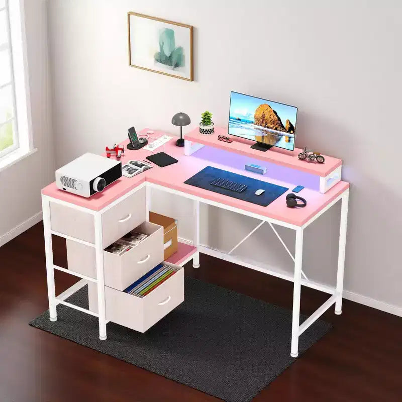 CuisinSmart 43In L Shaped Computer Desk, 3-Drawer Gaming Desk with Storage Shelves and Monitor Stand, Reversible Home Office Desk