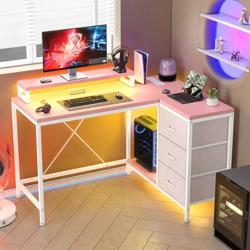 CuisinSmart 43In L Shaped Computer Desk, 3-Drawer Gaming Desk with Storage Shelves and Monitor Stand, Reversible Home Office Desk