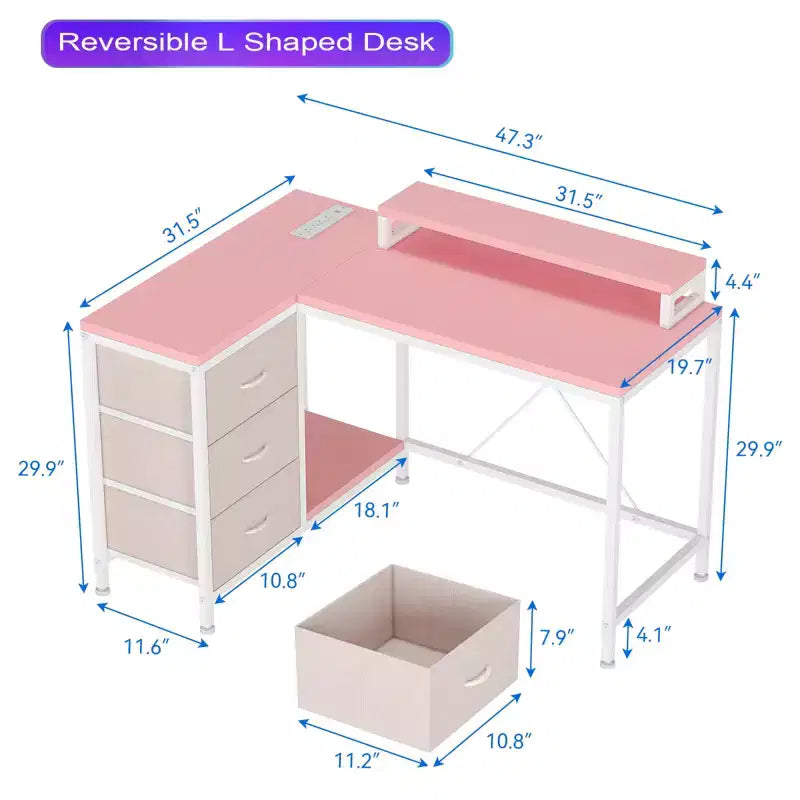 CuisinSmart 43In L Shaped Computer Desk, 3-Drawer Gaming Desk with Storage Shelves and Monitor Stand, Reversible Home Office Desk