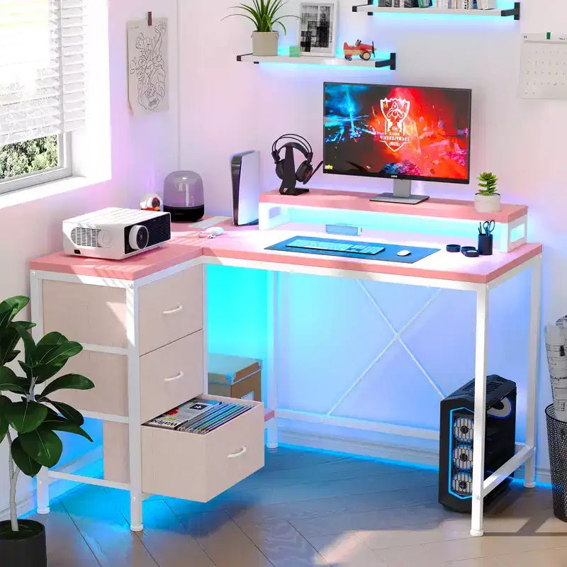 CuisinSmart 43In L Shaped Computer Desk, 3-Drawer Gaming Desk with Storage Shelves and Monitor Stand, Reversible Home Office Desk