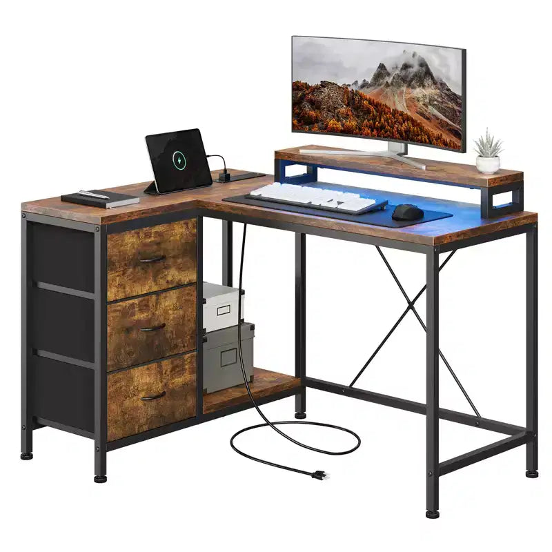 CuisinSmart 43In L Shaped Computer Desk, 3-Drawer Gaming Desk with Storage Shelves and Monitor Stand, Reversible Home Office Desk
