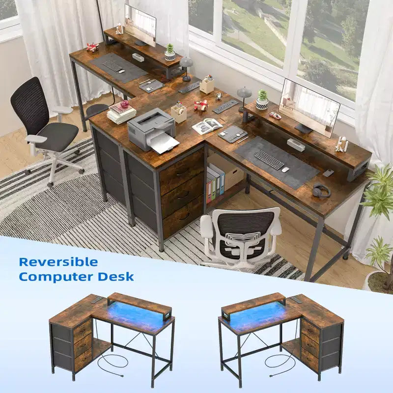 CuisinSmart 43In L Shaped Computer Desk, 3-Drawer Gaming Desk with Storage Shelves and Monitor Stand, Reversible Home Office Desk