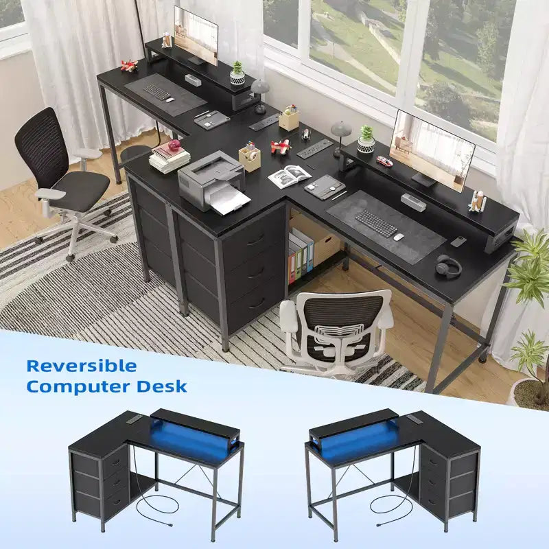 CuisinSmart 43In L Shaped Computer Desk, 3-Drawer Gaming Desk with Storage Shelves and Monitor Stand, Reversible Home Office Desk