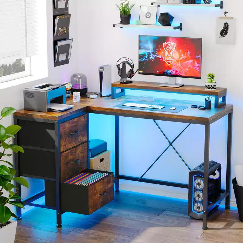 CuisinSmart 43In L Shaped Computer Desk, 3-Drawer Gaming Desk with Storage Shelves and Monitor Stand, Reversible Home Office Desk