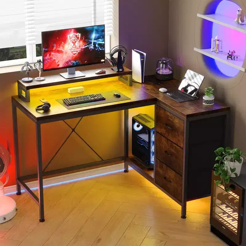 CuisinSmart 43In L Shaped Computer Desk, 3-Drawer Gaming Desk with Storage Shelves and Monitor Stand, Reversible Home Office Desk