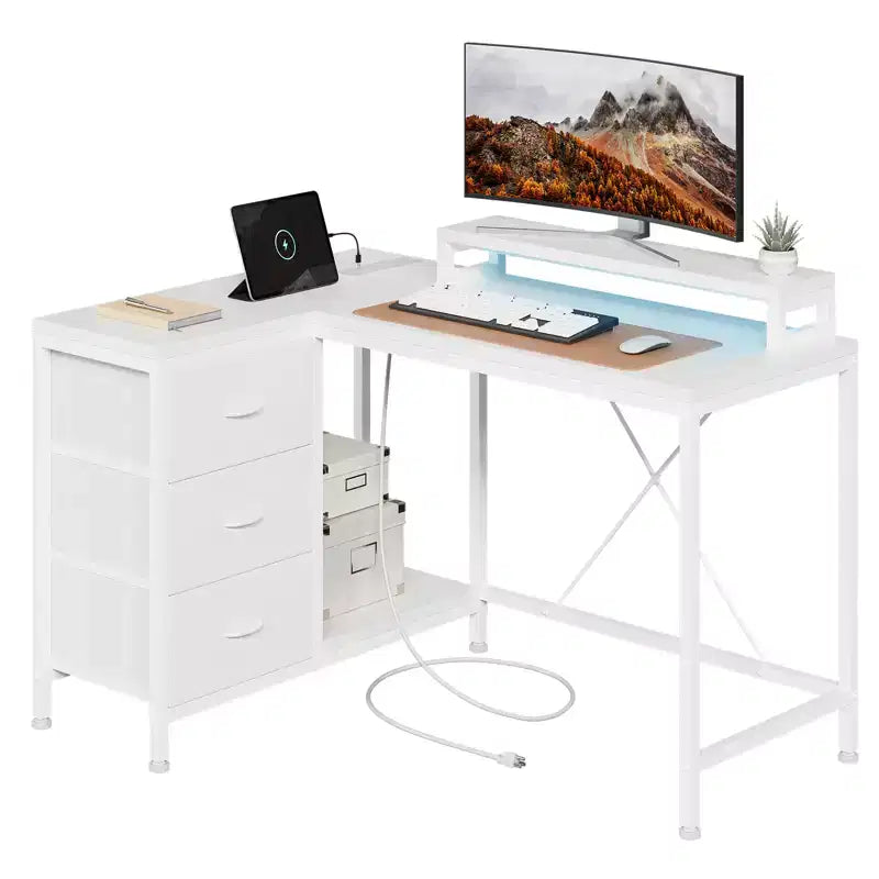 CuisinSmart 43In L Shaped Computer Desk, 3-Drawer Gaming Desk with Storage Shelves and Monitor Stand, Reversible Home Office Desk