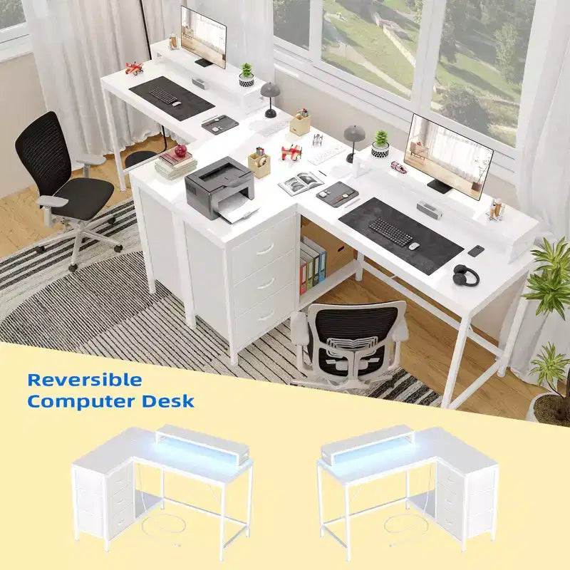 CuisinSmart 43In L Shaped Computer Desk, 3-Drawer Gaming Desk with Storage Shelves and Monitor Stand, Reversible Home Office Desk