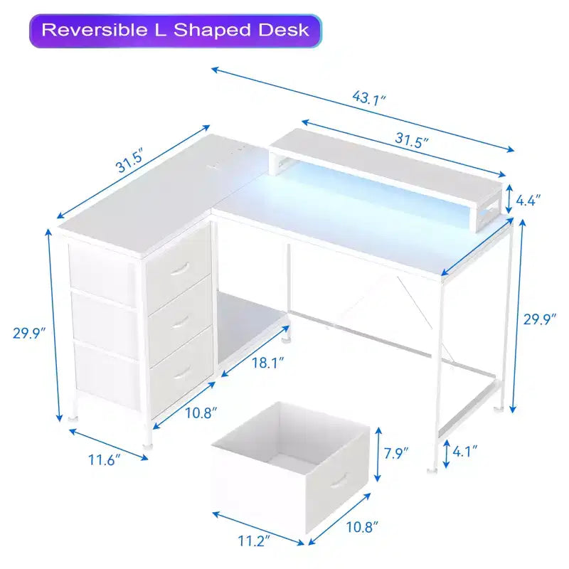 CuisinSmart 43In L Shaped Computer Desk, 3-Drawer Gaming Desk with Storage Shelves and Monitor Stand, Reversible Home Office Desk