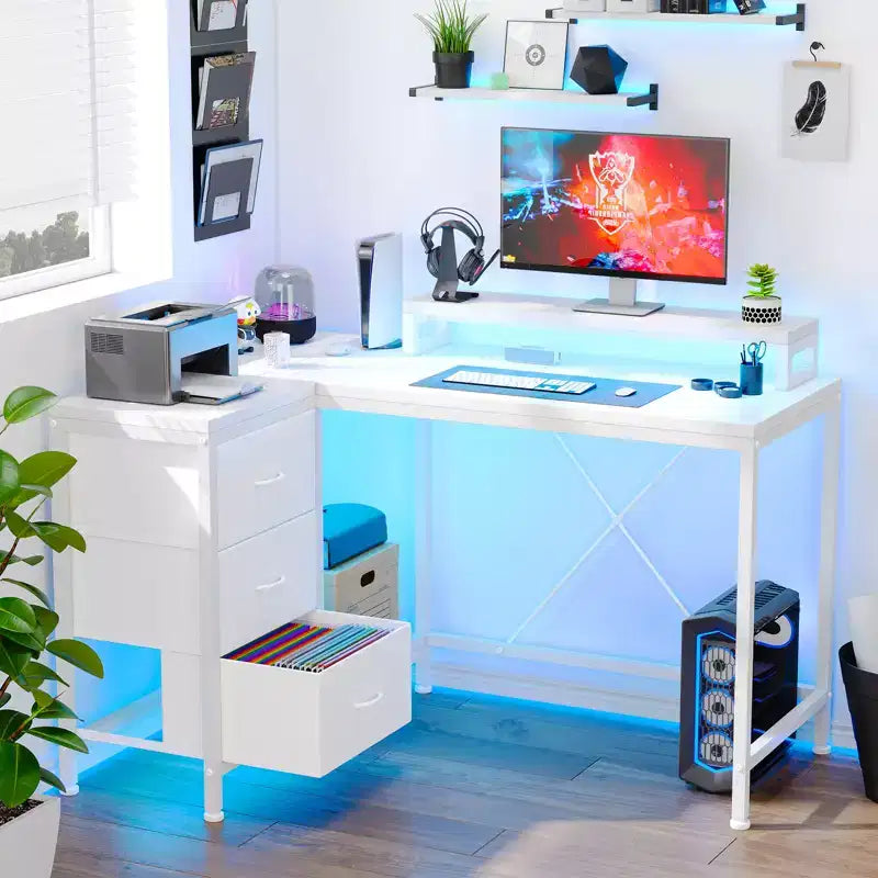 CuisinSmart 43In L Shaped Computer Desk, 3-Drawer Gaming Desk with Storage Shelves and Monitor Stand, Reversible Home Office Desk