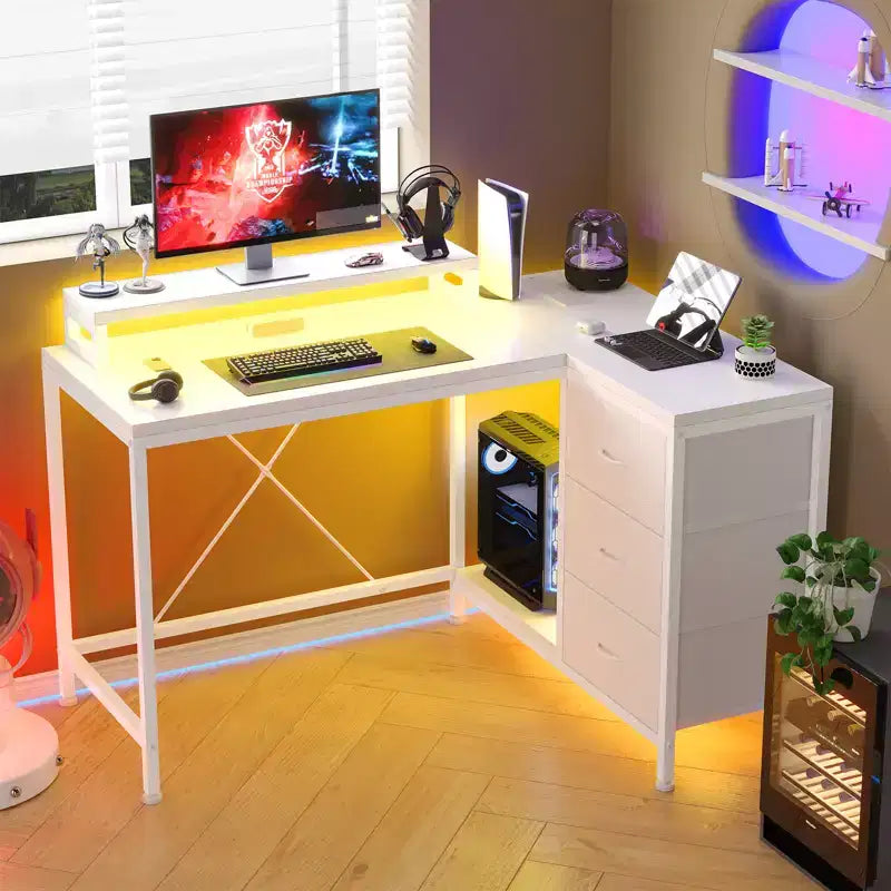 CuisinSmart 43In L Shaped Computer Desk, 3-Drawer Gaming Desk with Storage Shelves and Monitor Stand, Reversible Home Office Desk