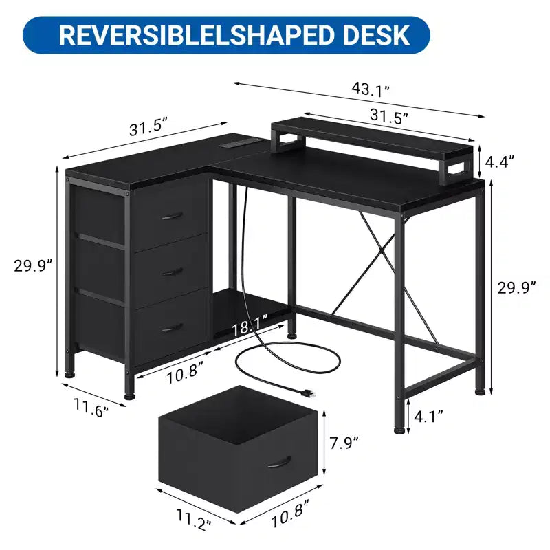 CuisinSmart 43In L Shaped Computer Desk, 3-Drawer Gaming Desk with Storage Shelves and Monitor Stand, Reversible Home Office Desk
