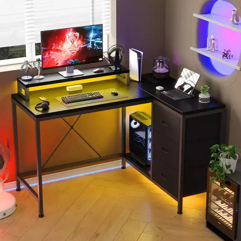 CuisinSmart 43In L Shaped Computer Desk, 3-Drawer Gaming Desk with Storage Shelves and Monitor Stand, Reversible Home Office Desk