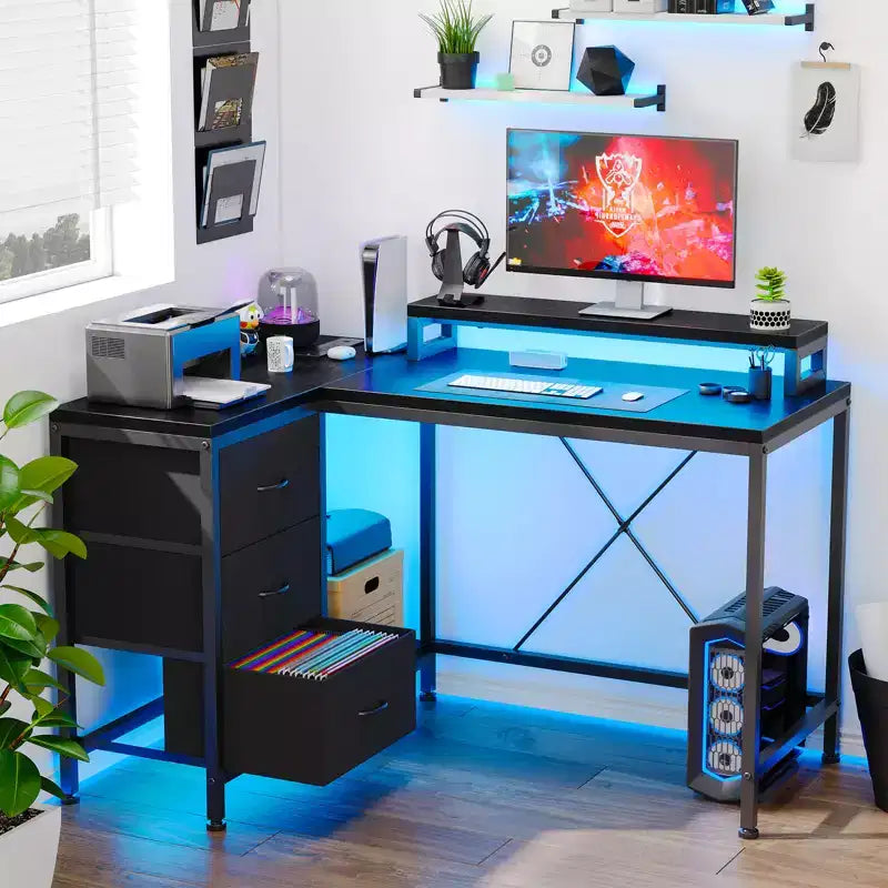 CuisinSmart 43In L Shaped Computer Desk, 3-Drawer Gaming Desk with Storage Shelves and Monitor Stand, Reversible Home Office Desk