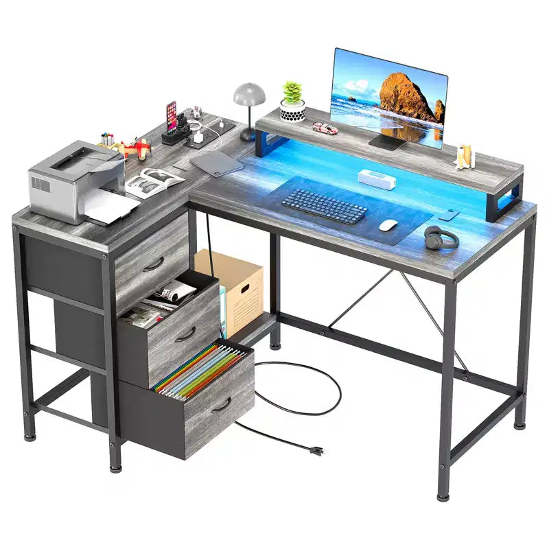 CuisinSmart 43In L Shaped Computer Desk, 3-Drawer Gaming Desk with Storage Shelves and Monitor Stand, Reversible Home Office Desk