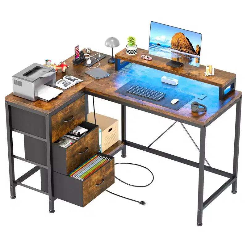 CuisinSmart 43In L Shaped Computer Desk, 3-Drawer Gaming Desk with Storage Shelves and Monitor Stand, Reversible Home Office Desk