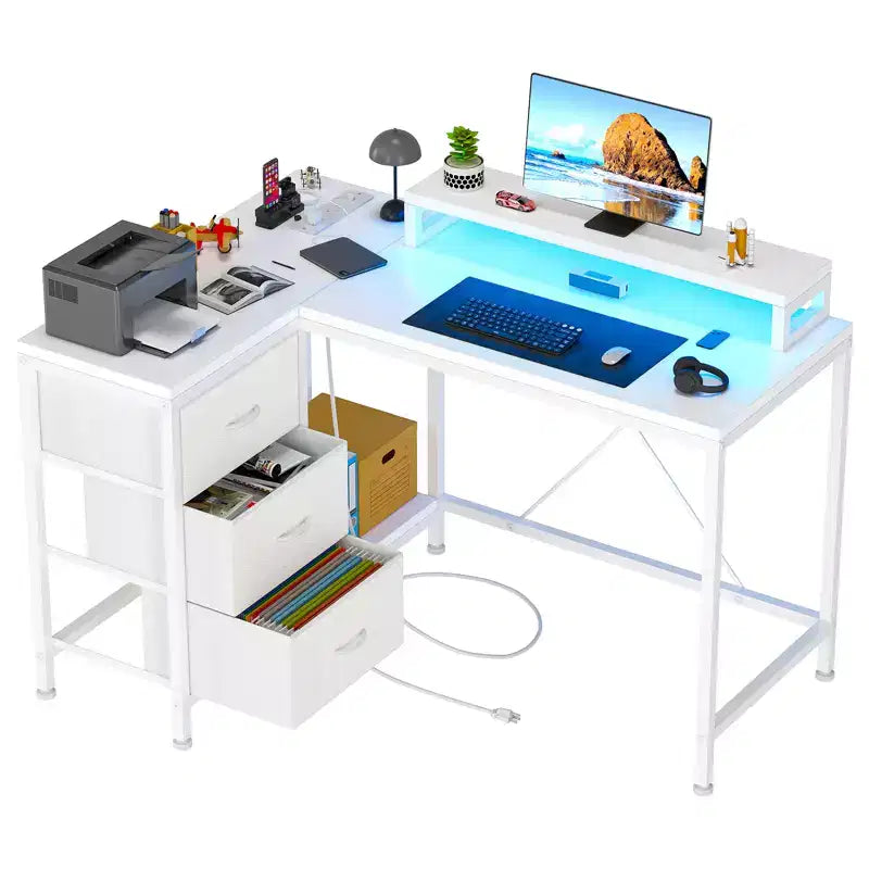 CuisinSmart 43In L Shaped Computer Desk, 3-Drawer Gaming Desk with Storage Shelves and Monitor Stand, Reversible Home Office Desk