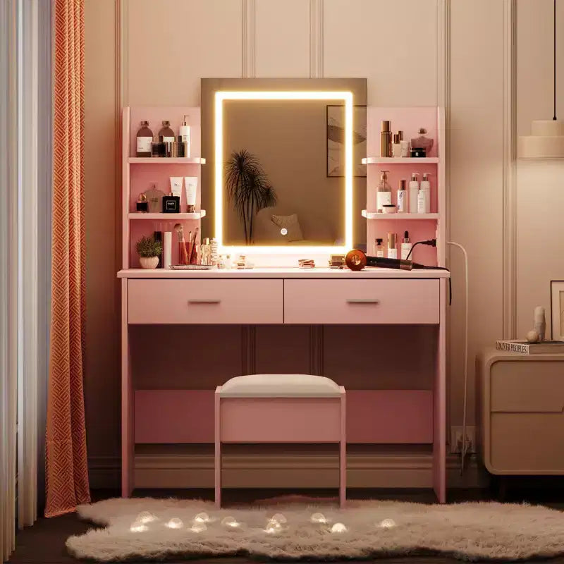 Makeup Vanity Desk with Lights - Dressing Table with LED Mirror, 3 Light Colors, 2 Drawers & 6 Shelves, Built-in Power Outlet & USB Ports for Bedroom