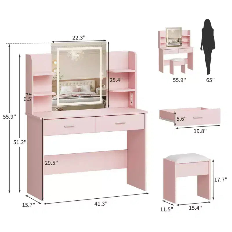 Makeup Vanity Desk with Lights - Dressing Table with LED Mirror, 3 Light Colors, 2 Drawers & 6 Shelves, Built-in Power Outlet & USB Ports for Bedroom